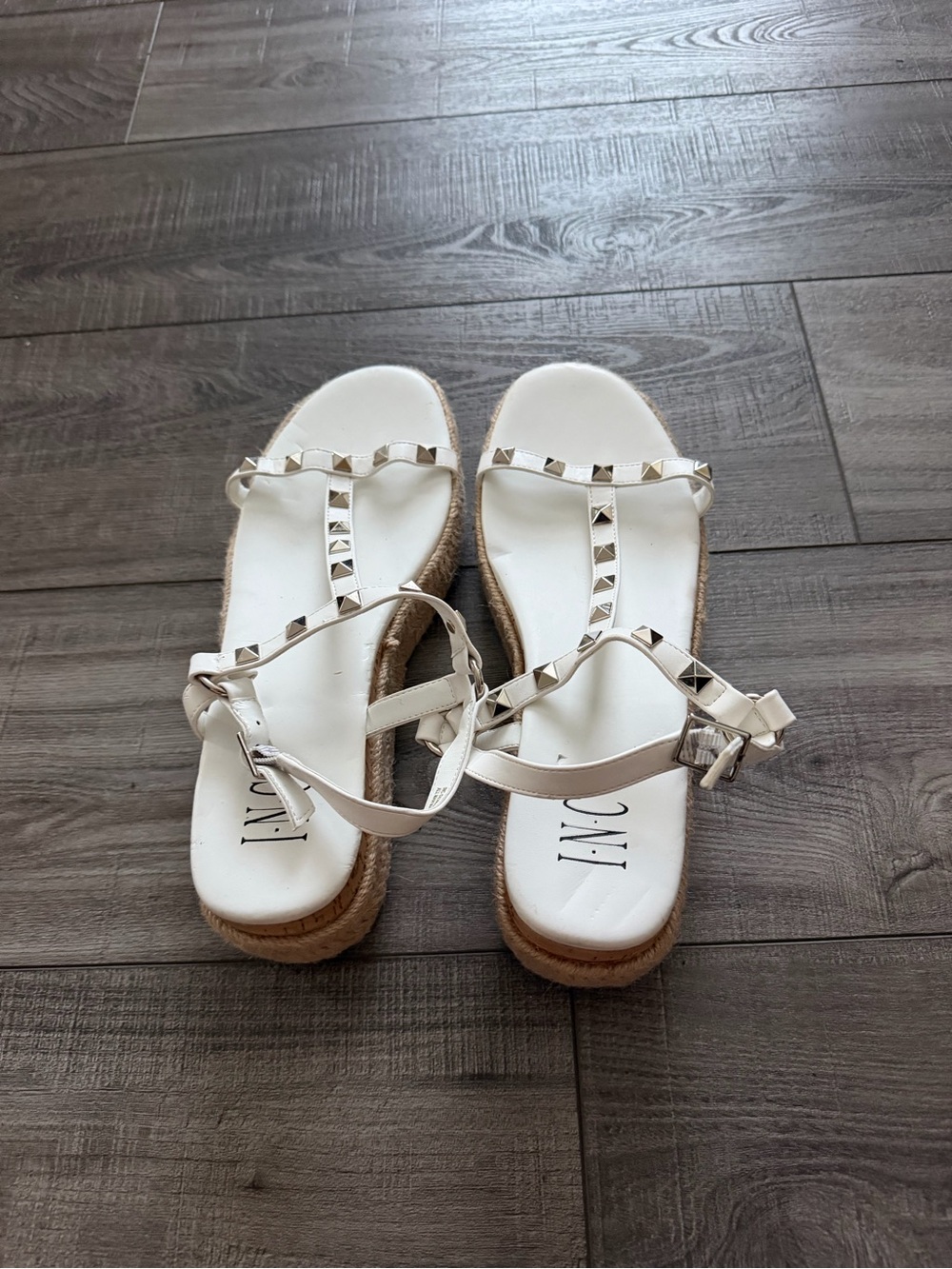 INC International Concepts White Studded T-Strap Sandals